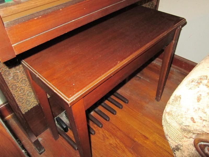 Vintage Wooden Player Organ Yamaha Fabric Lower Half w/ Bench w/ Open Top Storage