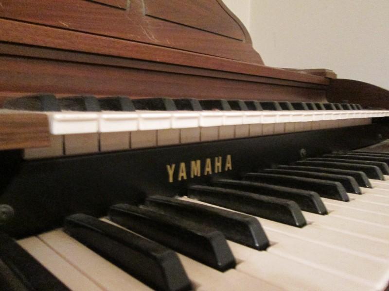 Vintage Wooden Player Organ Yamaha Fabric Lower Half w/ Bench w/ Open Top Storage