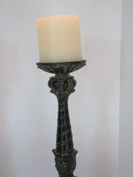 Pair - Elements Resin Classic French Villa Style Pillar Candle Stands Antiqued Verdigris Patina