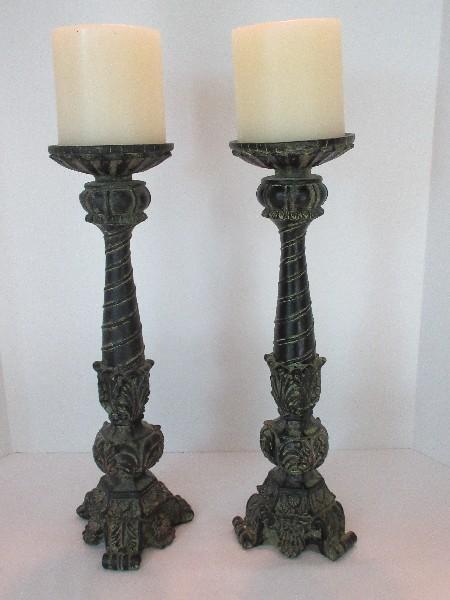 Pair - Elements Resin Classic French Villa Style Pillar Candle Stands Antiqued Verdigris Patina