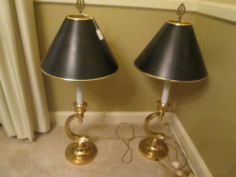 Pair - Brass Lamps Curved Body-To-Candle Design Top/Neck Ornate Finial Top