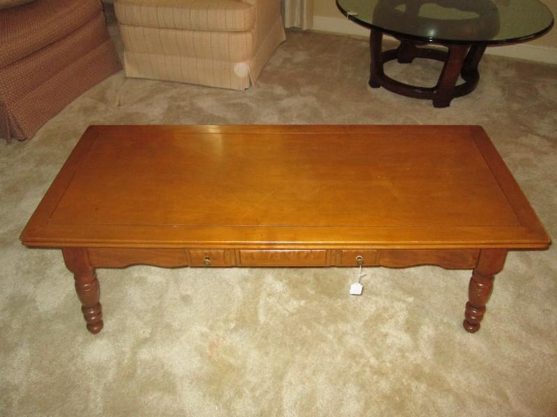 Vintage Wooden Long Center Coffee Table, Grooved Top, Spindle Legs, Square Panel Drawer