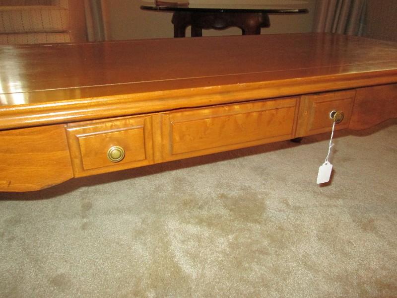 Vintage Wooden Long Center Coffee Table, Grooved Top, Spindle Legs, Square Panel Drawer