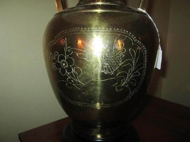 Pair - Wide Urn Vase Brass Body Lamps w/ Cut Rooster/Flower Design Motif, Black Wood Base