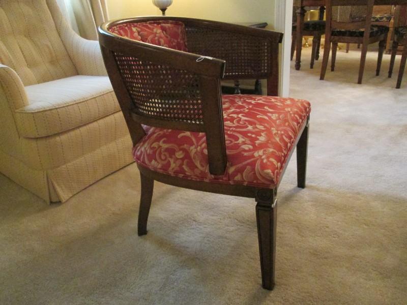 Wooden Curved Back Chair Wicker/Upholstered Red/Yellow Curled, Grooved Narrow Legs