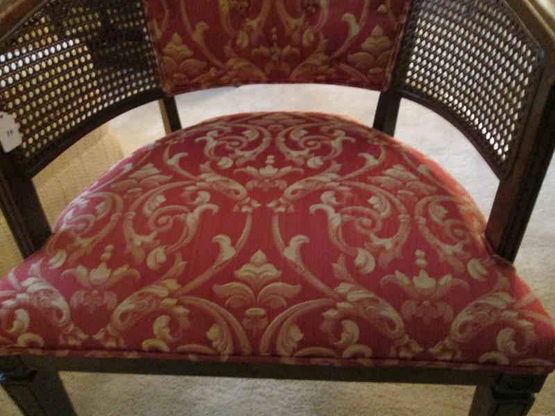 Wooden Curved Back Chair Wicker/Upholstered Red/Yellow Curled, Grooved Narrow Legs