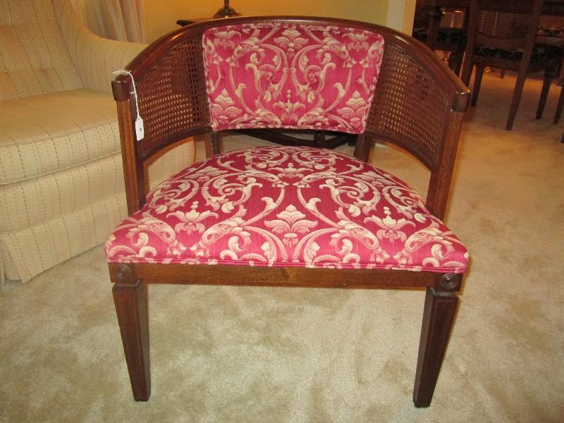 Wooden Curved Back Chair Wicker/Upholstered Red/Yellow Curled, Grooved Narrow Legs