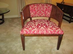 Wooden Curved Back Chair Wicker/Upholstered Red/Yellow Curled, Grooved Narrow Legs