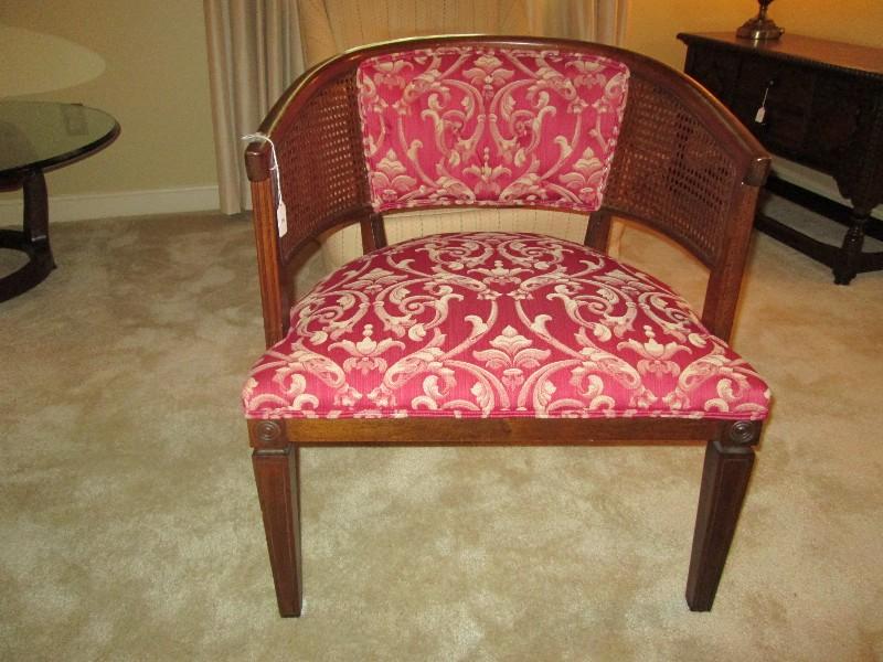 Wooden Curved Back Chair Wicker/Upholstered Red/Yellow Curled, Grooved Narrow Legs