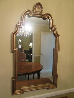 Gilted Wooden Frame Wall Mounted Mirror Scallop Top Curled To Block Design