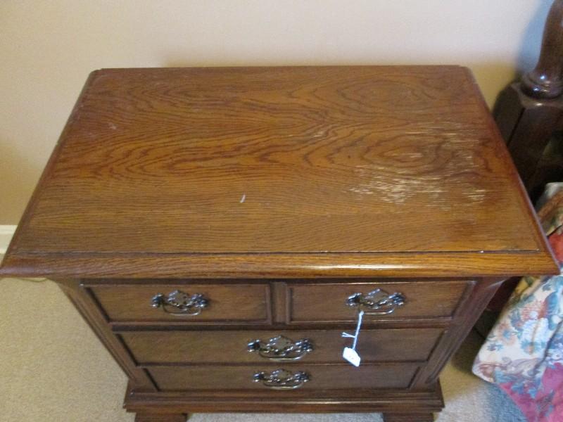 Dark Wooden Side Table 3 Drawers w/ Bracket Feet Brass Batwing Pulls, Panel Back