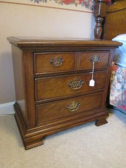 Dark Wooden Side Table 3 Drawers w/ Bracket Feet Brass Batwing Pulls, Panel Back