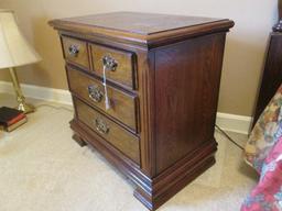 Dark Wooden Side Table 3 Drawers w/ Bracket Feet Brass Batwing Pulls, Panel Back