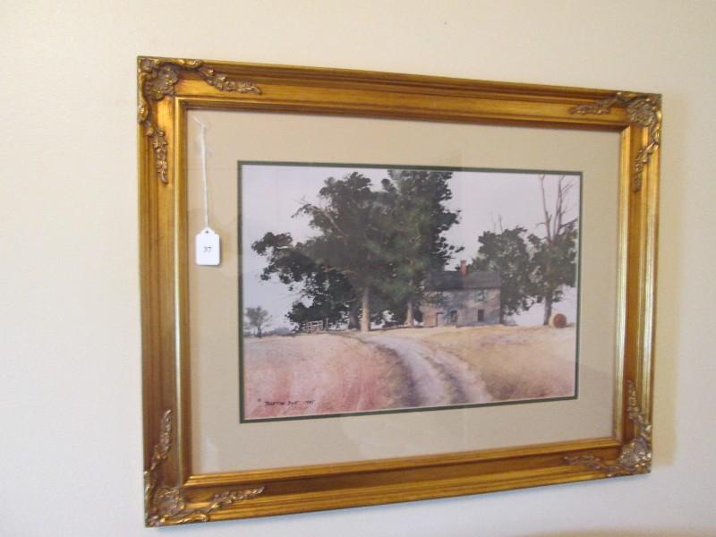 Vintage Country Home Picture Print in Gilted Wooden Frame/Matt w/ Floral Motif Corners