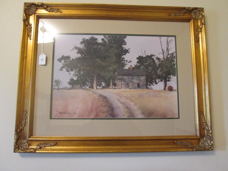 Vintage Country Home Picture Print in Gilted Wooden Frame/Matt w/ Floral Motif Corners
