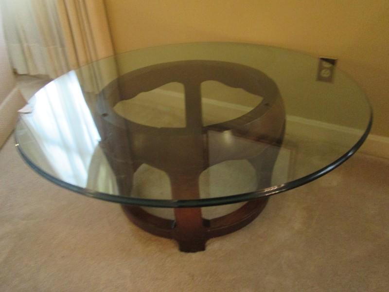 Glass Top Round Coffee Table w/ 2 Tier Wood Base Bracket Skirt Pad Feet