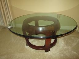Glass Top Round Coffee Table w/ 2 Tier Wood Base Bracket Skirt Pad Feet