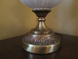 White Ceramic Table Lamp, Ornate Brass Base/Acanthus Leaf Neck, Scallop Wide Base
