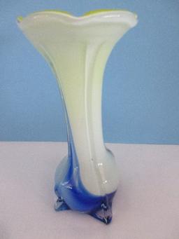 Hand Blown Case Art Glass Bud Vase w/ Flared Rim Cobalt, White & Yellow Abstract Pattern