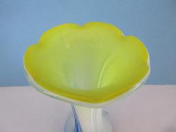 Hand Blown Case Art Glass Bud Vase w/ Flared Rim Cobalt, White & Yellow Abstract Pattern