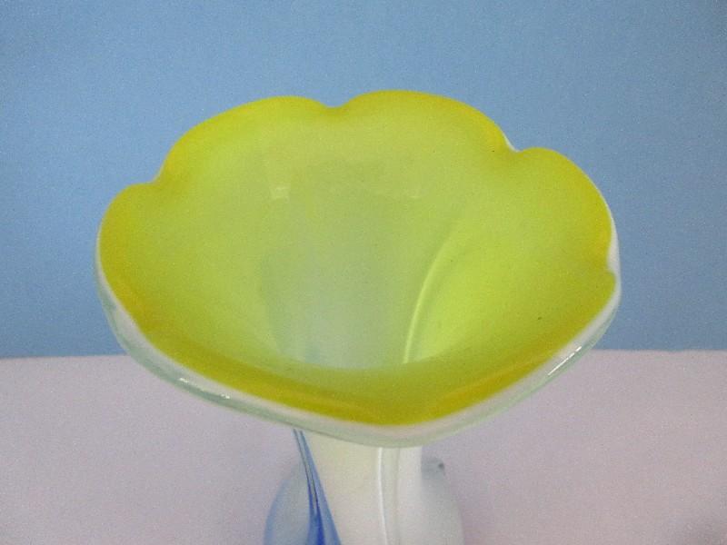 Hand Blown Case Art Glass Bud Vase w/ Flared Rim Cobalt, White & Yellow Abstract Pattern