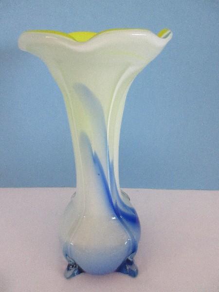 Hand Blown Case Art Glass Bud Vase w/ Flared Rim Cobalt, White & Yellow Abstract Pattern