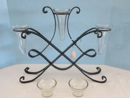 Unique Wrought Iron Scrollwork Lattice Design Epergne w/ 3 Glass Flared Rim Bud Vases