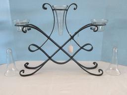 Unique Wrought Iron Scrollwork Lattice Design Epergne w/ 3 Glass Flared Rim Bud Vases