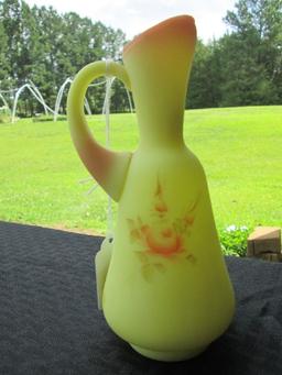 Amazing Fenton Burmese Ewer Hand Painted Delicate Floral Front Pink Rim