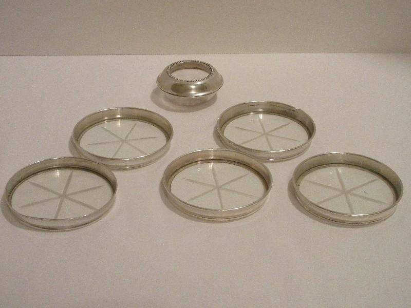 Set - 5 Frank M. Whiting & Co. Sterling Silver Rim Crystal Coasters 3 1/8" D