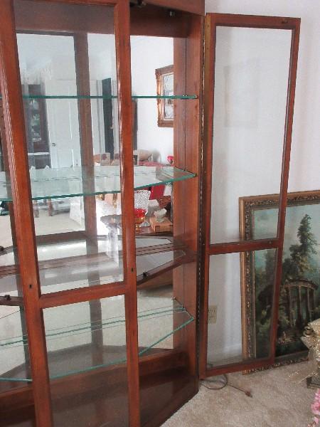 Stately Lighted Curio w/ Grooved Plate Glass Shelves, Mirrored Back, Beveled Glass