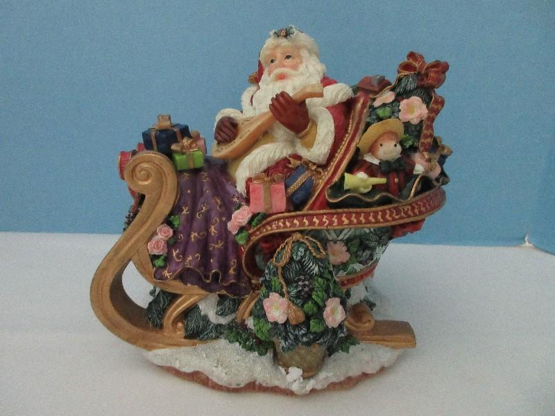 Fitz & Floyd Holiday Musicals Collection Santa's Open Sleigh Resin Figurine Plays "Jingle Bells"