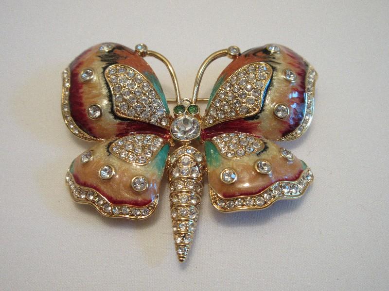 Kenneth Jay Lane Enamel & Crystal Butterfly Pave Brooch w/ Red Pouch & Box