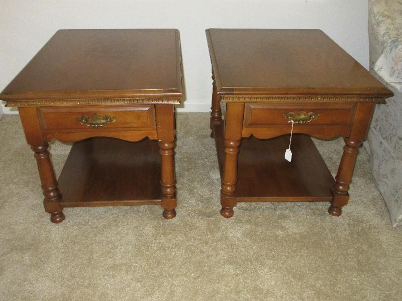 Pair - Maple Heirloom Colonial End Tables w/ Dovetailed Drawer & Base Shelf