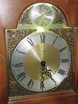 Ridgeway Grandmother Clock Fruitwood Case Finish 3 Weights, Pendulum Arched Pediment