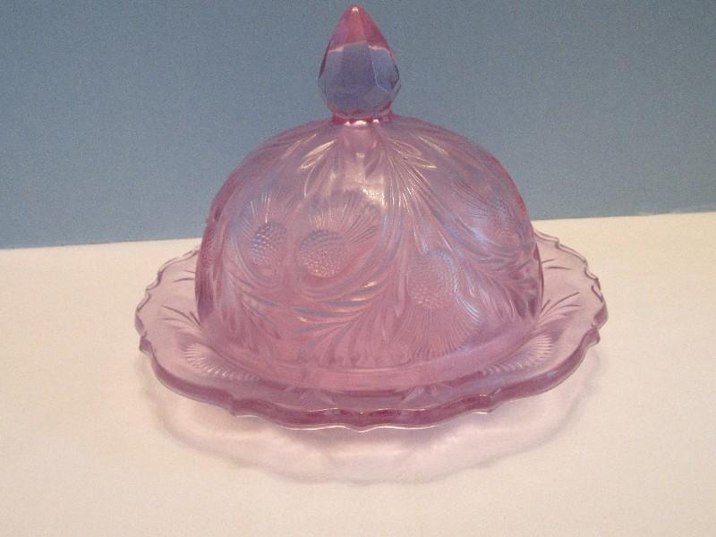 Mosser Glass Inverted Thistle Pattern Pink Lavender Round Dome Butter Dish