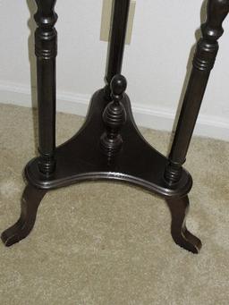 Mahogany Finish Ring Turned Marble Top Side Table/Plant Stand w/ Center Finial Accent