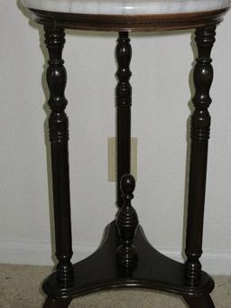 Mahogany Finish Ring Turned Marble Top Side Table/Plant Stand w/ Center Finial Accent