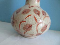 Heygill Imports Japan Pottery Bulbous Vase Hand Painted Wheat Pattern Craquelure Finish