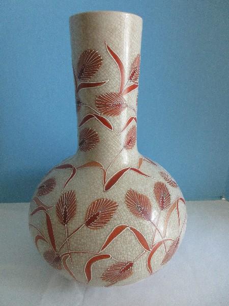 Heygill Imports Japan Pottery Bulbous Vase Hand Painted Wheat Pattern Craquelure Finish
