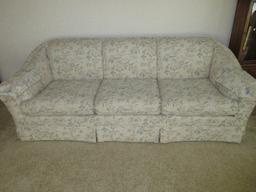 Formal Sofa w/ Curved Side & Pleated Skirt Floral Spray Upholstery