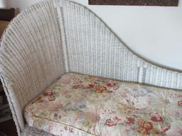 Traditional Wicker Chaise Fainting Couch w/ Floral Tufted Cushion