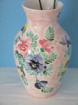 Large Semi-Porcelain Italian Hand Painted 14" Vase Pansies Bouquet Pattern