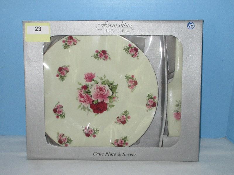 Formalities by Baum Brothers Porcelain 10 1/2" Cake Plate w/ Server Pink/Red Rosebuds
