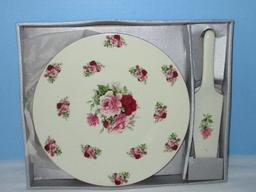 Formalities by Baum Brothers Porcelain 10 1/2" Cake Plate w/ Server Pink/Red Rosebuds