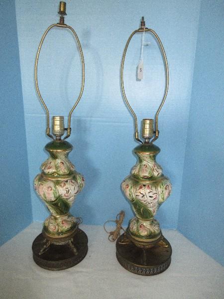 Vintage Pair Capodimonte Porcelain Vase Form 29" Table Lamps on Dolphin Base