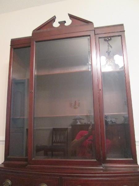 Tall Dark Cherry Wooden China Cabinet Mid-Century Modern Design Top 1 Door, 3 Glass Windows