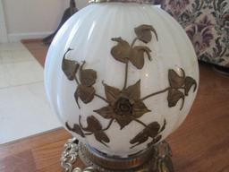 Pair - Table Lamps Ribbed Globe Body Milk Glass Brilliant Brass Flower Center