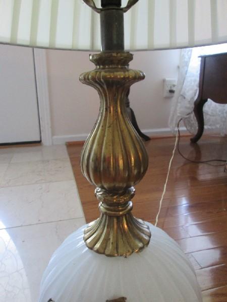 Pair - Table Lamps Ribbed Globe Body Milk Glass Brilliant Brass Flower Center