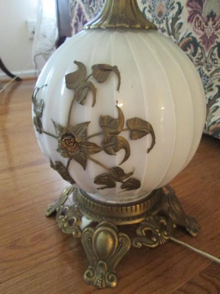 Pair - Table Lamps Ribbed Globe Body Milk Glass Brilliant Brass Flower Center